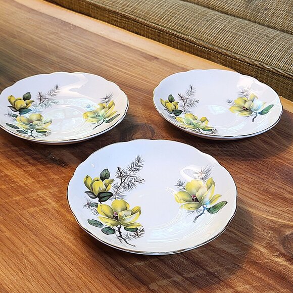 Vintage Regency English Bone China Saucers, Yellow Magnolia Gold Trim, Set of 3 - Picture 2 of 10